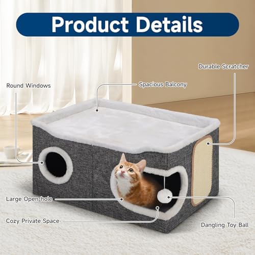Shikha Extra Large Cat House Bed for Multi Cats with Scratch Pad Grey