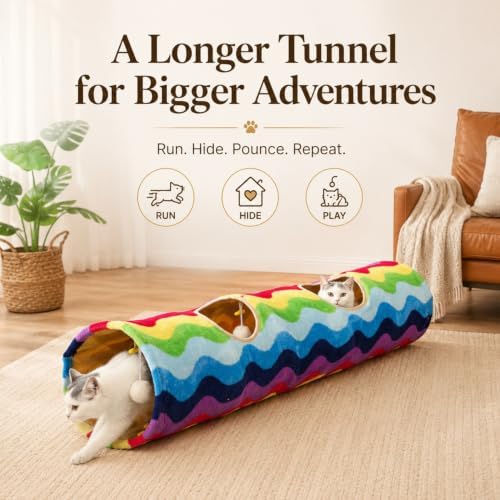 Cat Tunnel -Straight-Shaped, Rainbow Wave Color, Soft Velvet Exterior, Oxford Fabric Fog-Proof Interior, Plush Toy Ball, Easily Washable, Conveniently Foldable, 47.2in/120cm