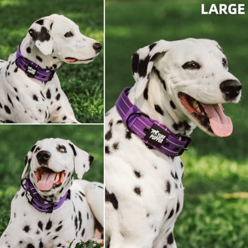 Tuff Pupper Heavy Duty Tactical Dog Collar | 1.5" Wide Ballistic Nylon | Reflective Stitching | Integrated ID Tag Holder | Stainless Steel Buckle | Padded Lining | Medium & Large Dogs (Purple, Large)