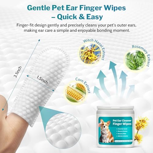 Dog Ear Cleaner with 50 Ear Finger Wipes for Dogs & Cats – Gentle Herbal Ear Drops for Wax & Odor, Chamomile & Witch Hazel for Sensitive Ears, Daily Ear Care Kit, 2oz