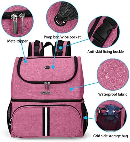 BAGLHER Pet Travel Bag, Double-Layer Pet Supplies Backpack (for All Pet Travel Supplies), Pet Travel Backpack with 2 Silicone Collapsible Bowls and 2 Food Baskets Pink