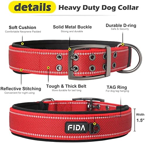 Fida Heavy Duty Dog Collar for Large Dogs with Metal Belt Buckle, Red
