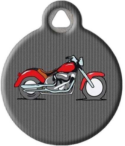Red Motorcycle Pet ID Tag for Dogs and Cats, Silent Polymer Coated Nametag with Customized Identification Information - Small .875" Diameter
