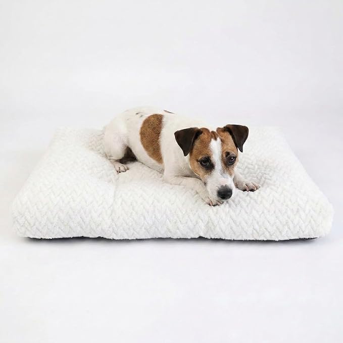 24 Inch Dog Crate Bed for Small Dogs, Washable Dog Crate Pad for Dog Cages, Soft Jacquard Flannel Kennel Mat with Anti-Slip Bottom, Fluffy Crate Mat for Puppies and Small Dogs,White