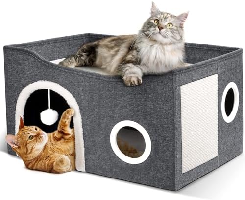 Heeyoo Cat House for Indoor Cats - Large Cat Bed Cave with Fluffy Ball and Scratch Pad, Foldable Cats Houses & Condos, Cat Hideaway, Covered Kitty Bed for Multi Small Large Kitty, 23.8x15.9x13.2 Inch