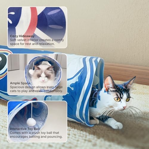 Cat Tunnel for Indoor Cats Interactive, Collapsible Tube for Cats Kittens Rabbits Puppies Crinkle Pop Up,10'' Dia, 36'' L,Blue