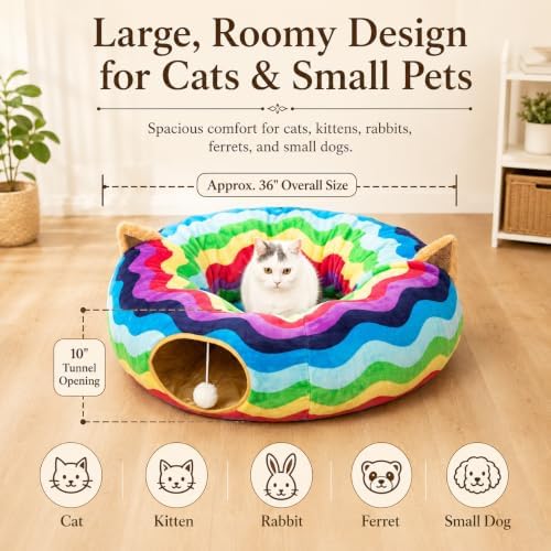 Large Cat Tunnel Bed Under Christmas Tree with Fluffy Toy Balls, Small Cushion and Flexible Design- 10 inch Diameter, 3 ft Length- Great for Cats, and Small Dogs, Rainbow Wave Color