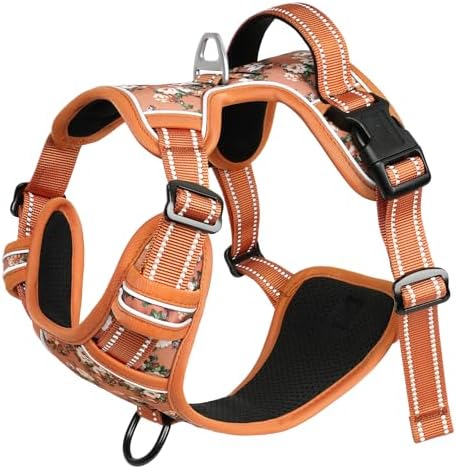 HEELE Dog Harness, No Pull Adjustable Padded Reflective Harness for Small Medium Large Dogs with Handle for Walking Training, Flower-Orange,M