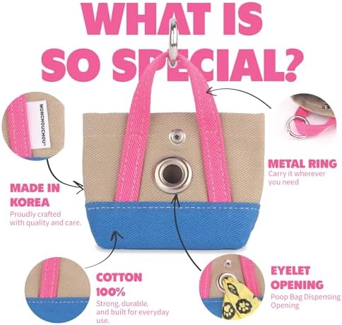 Dog Poop Bag Holder for Leash with 1 Waste Bag Roll, Canvas, Pink Handle