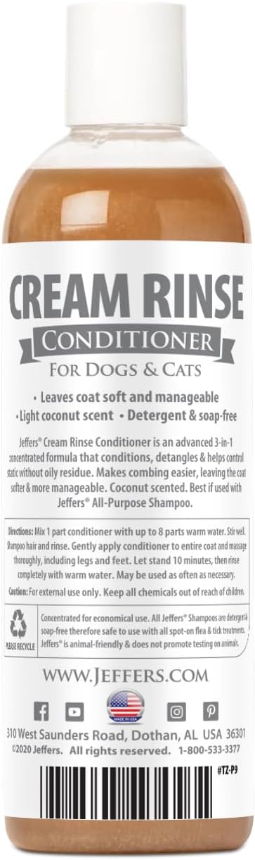 Jeffers Pet Cream Rinse Conditioner for Dogs & Cats, 17 oz - Coconut Oil Based Pet Conditioner for Detangling, Soft Coat & Static Control, Concentrated Soap Free Formula for Sensitive Skin, USA Made