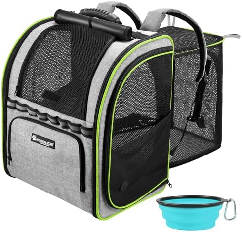 Expandable Cat Carrier Backpacks with Breathable Mesh, Pet Carrier Backpack for Cats Small Dogs Puppies Up to 20 Lbs, Dog Carrier Backpack Great for Travel/Hiking/Camping/Outdoor-Grey with Green