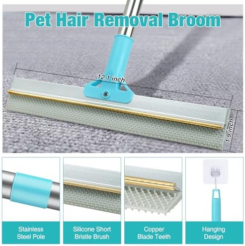 Silicone Carpet Rake for Pet Hair Removal Tool,Magic Brush Dog Hair Removal Glove,Cat Carpet Broom Rake&Pet Hair Remover Tool 3PCS/Set for Rugs, Mats, Couch, Furniture,54inch Scraper Rake