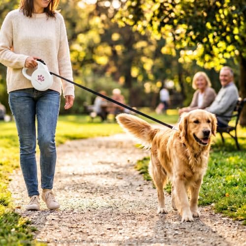 Retractable Dog Leash, 16ft Heavy Duty Nylon Tape for Large Dogs up to 110 lbs, One-Hand Brake & Lock, Tangle-Free, Ergonomic 3.2" XL Handle, Lightweight 0.56lb White L GC-DAN