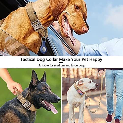 DAGANXI Tactical Dog Collar Leash Set, Adjustable Military Training Nylon Dog Collar with Controll Handle and Heavy Metal Buckle for Medium and Large Dogs，with Patches and Airtags Case (M, Brown-Set)