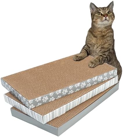 Kitty City Cat Scratcher– 3-Pack Durable Corrugated Cardboard Scratch Pads with Catnip – Double-Sided for Longer Use, Cat Claw Maintenance & Furniture Protection - Size: 10" x 18" - Grey & White