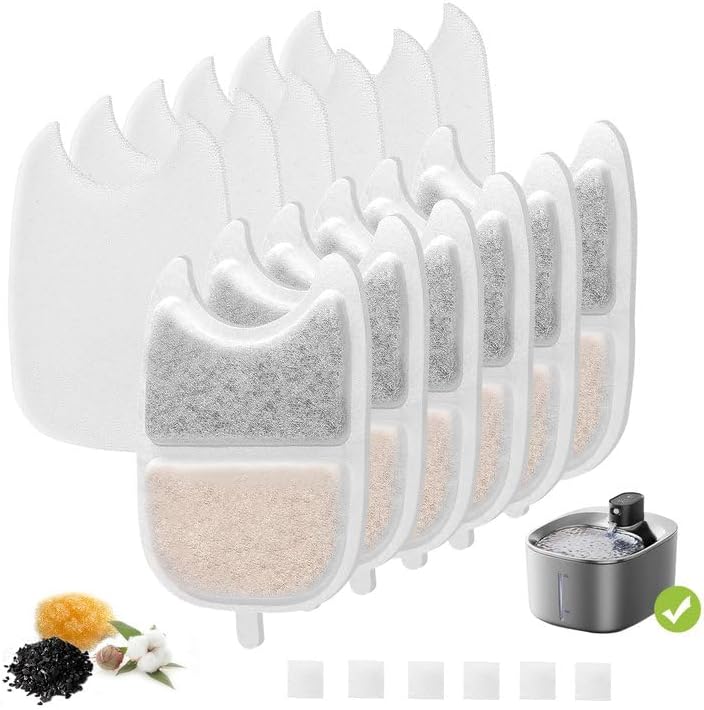 6 Set Replacement Filters & Sponges for 135 fl oz/4L Wilreless Cat Water Fountain，Triple Filtration Pet Fountain Filter Replacement Compatible with Feelneedy 4L Wilreless Cat Water Fountain