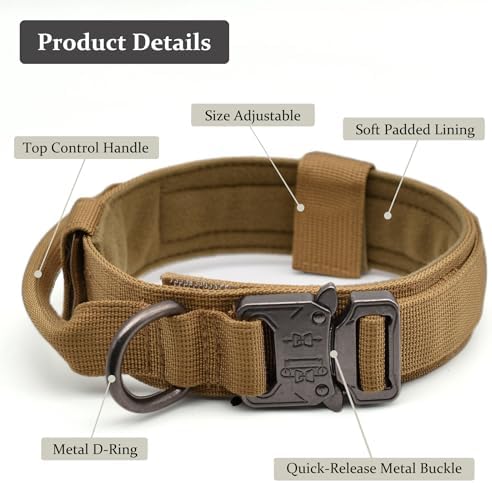 Tactical Dog Collar, Adjustable Military Training Nylon Pet Collar, Brown M
