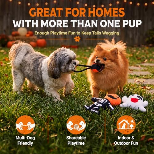 Pacific Pups Products Halloween Dog Toys for Small Dogs — 3-Pack | 2 Halloween Dog Plushies + Rope Toy | Soft, Squeaky & Spooky | Benefits Dog Rescue