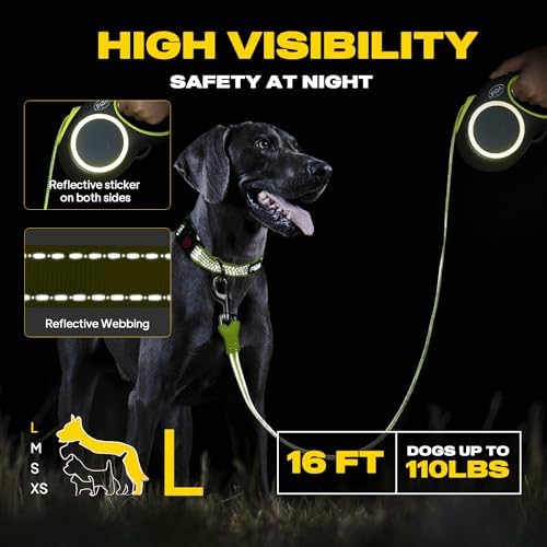 Fida Retractable Dog Leash, Reflective 16ft Heavy Duty Pet Walking Leash for Medium/Large Dog up to 110 lbs, Tangle Free. One-Hand Brake (Large, Neon Yellow)
