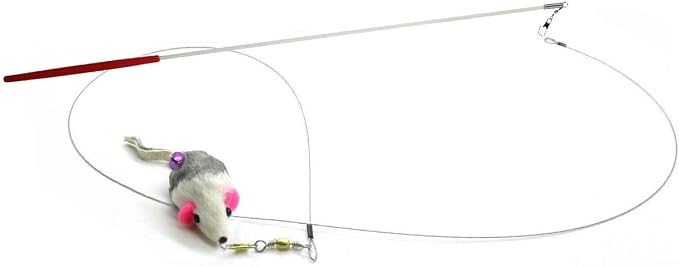Kats’N US 2 Inch Real Rabbit Fur Handmade Gray/White Mouse Cat Toy on Wand