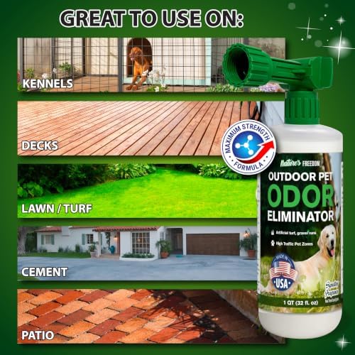 Nature's Freedom Outdoor Pet Odor Eliminator with Hose-End Sprayer – Quart Enzyme Cleaner for Dog & Cat Urine, Grass, Patios, Kennels & Decks