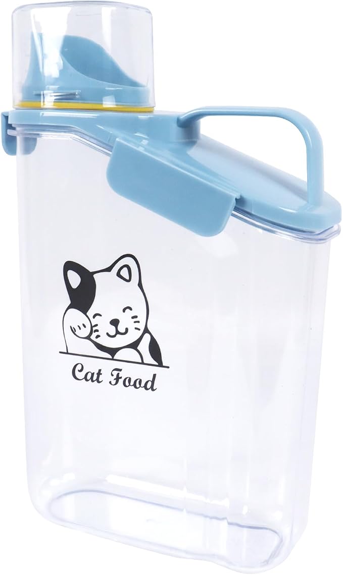 Airtight Dog & Cat Food Container - Measuring Cup/Pour Spout - Portable, Transparent - Blue
