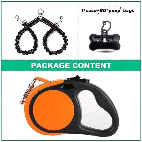 Dual Retractable Dog Leash for Small Breed (Up to 44 Lbs Each) - Double Headed 18.5 ft Extendable Pet Leash with Poop Bags, Non Slip Grip - One Button Break & Lock, 360 Tangle-Free (Orange, Medium)
