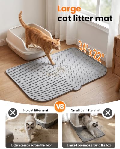 Large Cat Litter Mat, 34 x 22 Inch, Anti-slip Silicone Litter Box Mat, Gray