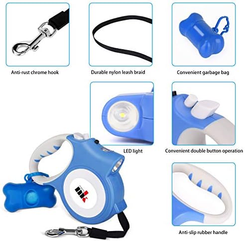 Retractable Dog Leash with LED Light Makife 5m Extendable Dog Lead for Small Medium Puppis up to 25kgs, One-Hand Brake & Lock System, Ergonomic Handle - Blue