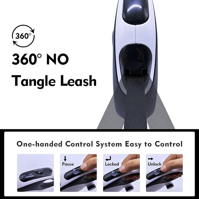 Retractable Dog Leash, 16 ft Tangle-Free 360° Design, Heavy Duty Nylon Lead, One-Hand Brake & Lock for Quick Control, Anti-Slip Comfort Handle Pet Walking Leash for Dogs, Poop Bag Dispenser