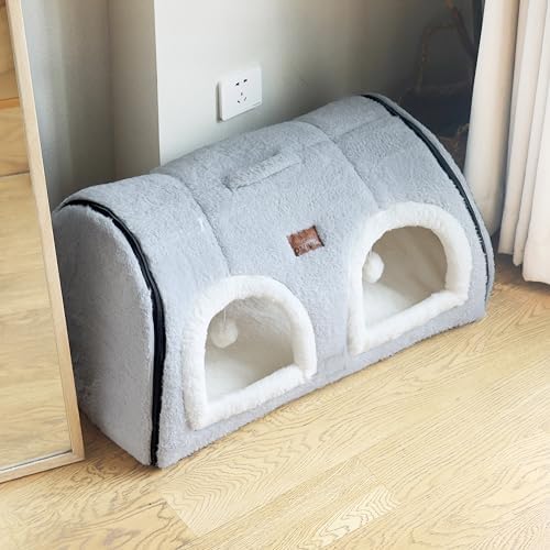 Cat Bed for Indoor Cats，Foldable cat cave，Anti-Slip & Water-Resistant Bottom，cat Houses for Indoor Cats or Small Dogs, Kitten Tent, Rabbit Double Hole Bed:(27.5"×15.3"×15"