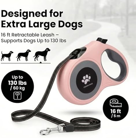 16 ft Retractable Dog Leash for Extra Large Dogs up to 130 lbs,Tangle-Free Nylon Tape,Pink Dan24 XL