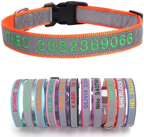 Reflective Personalized Dog Collar Custom Embroidered with Pet Name and Phone Number 4 Adjustable Sizes with Quick Release Buckle for Boy Girl Small Medium Large Dogs