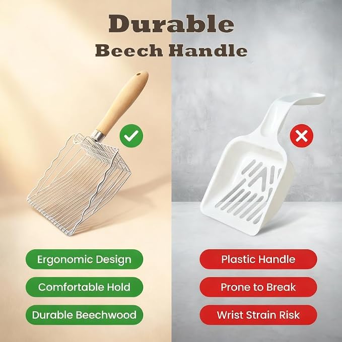 2 Pack Metal Cat Litter Scoops, Heavy-Duty Kitty Scooper with Hook, Stainless Steel Kitten Poop Lifter for Litter Box, Speed Sifter with Comfortable Beech Wood Grip | 2 Pack Metal Cat Litter Scoops