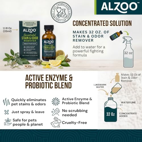 ALZOO Concentrated Pet Stain & Odor Remover Refill, Makes Up to 96 Fl Oz Cleaning Solution, Enzyme & Probiotic Formula, Refill Bottles for Dogs & Cats, 1.1 Fl Oz (Pack of 3)