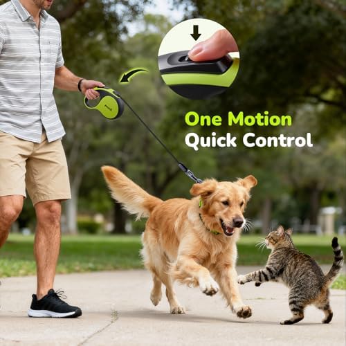 Pecute Retractable Dog Leash with Chew Proof Cable - 18,2 ft Heavy Duty Retractable Pet Leash with Dispenser and Poop Bags, Anti-Slip Handle, Reflective Leashes for Small Medium Dog Up to 66 lbs