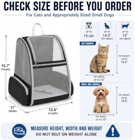 Cat Carrier Backpack for Cats and Small Dogs up to 15 lbs, Soft-Sided Foldable Pet Carrier with Breathable Mesh, Front Upper&Dual Side Entry, Support Frame, Hard Bottom for Vet Visits and Air Travel