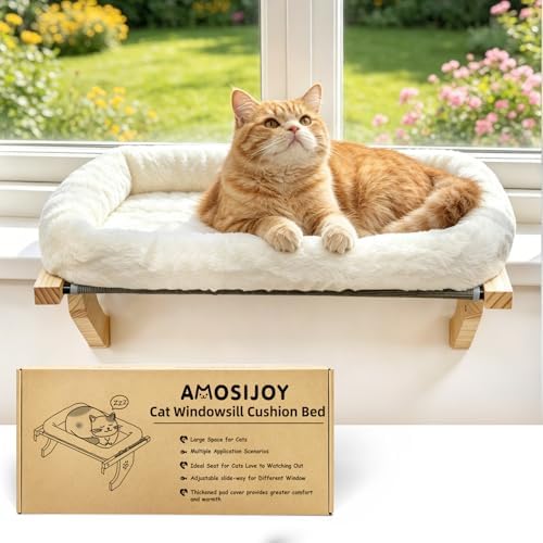 AMOSIJOY Wooden Cat Windowsill Perch with Zipper Cushion Bed, 21.7in
