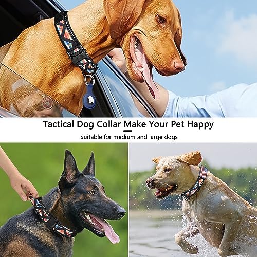 DAGANXI Tactical Dog Collar, Adjustable Military Training Nylon Dog Collar with Control Handle and Heavy Metal Buckle for Medium and Large Dogs, with Patches and Airtags Case (M, Colorful Triangle)