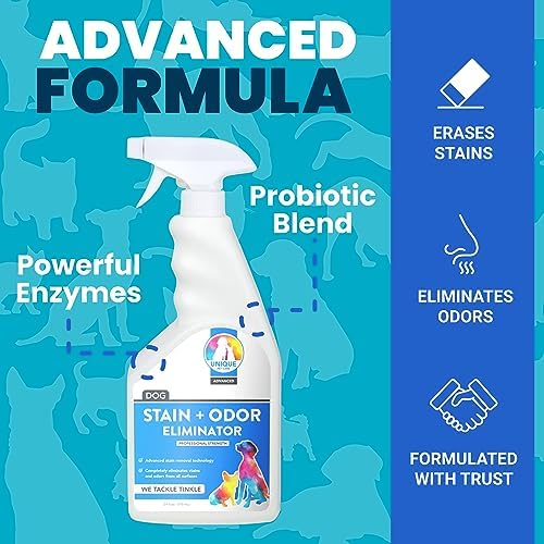 Unique Advanced Dog Odor & Stain Remover, Enzyme Cleaner Spray for Urine & Pet Accidents, Eliminates Odors at the Source, Carpet & Fabric Safe, 24 oz