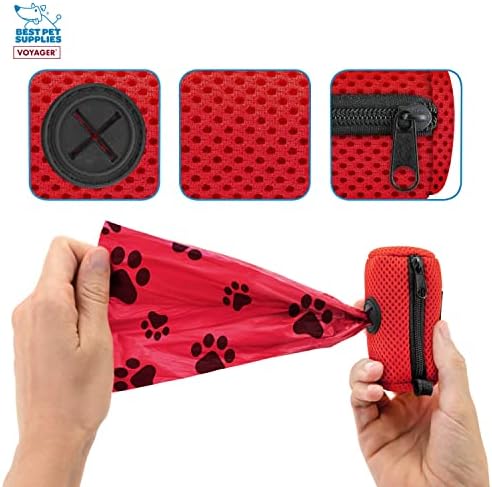Best Pet Supplies Dog Poop Bag Holder Leash Attachment with Reusable Dispenser for Travel, Walking, Park, and Outdoor Use, Durable with Clip-On - Red, Mesh Dispenser w/15 Bags