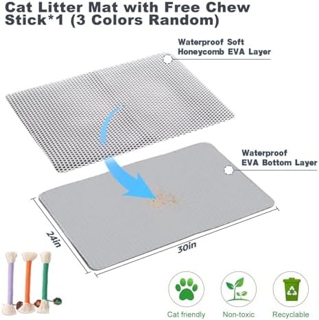 Cat Litter Mat 30"x24" Double Layer Waterproof & Non-Slip - Honeycomb Washable EVA Large Litter Mat for Scatter Control, Urine Proof Litter Trapping Mat for Litter Box(Light Grey)