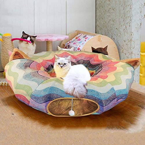 HOMEYA Cat Tunnel Bed with Mat,Collapsible 3 Way Cat Play Tube Condo Toy with Peek Hole Fun Ball Indoor Outdoor Soft Hideout Exercising Playground for Pet Dog Kittens Kitty