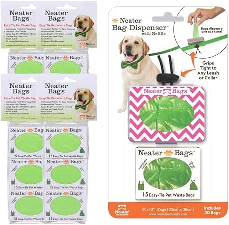 Neater Pet Brands Neater Bags Dog Waste Bag, No Rolls - Dog Poop Bags Dispense One at a Time, Doggie Poop Bag with Easy-Tie Handles, Dispenser Attaches to Any Leash (210 Count, Pink Chevron)