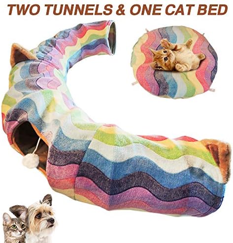 HOMEYA Cat Tunnel Bed with Mat,Collapsible 3 Way Cat Play Tube Condo Toy with Peek Hole Fun Ball Indoor Outdoor Soft Hideout Exercising Playground for Pet Dog Kittens Kitty