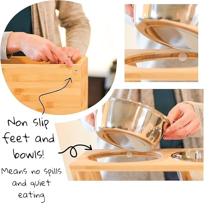 4" Tall Elevated Dog Bowls for Small Dogs, Food and Water Bowl Set by Pawfect Pets (Natural Bamboo)