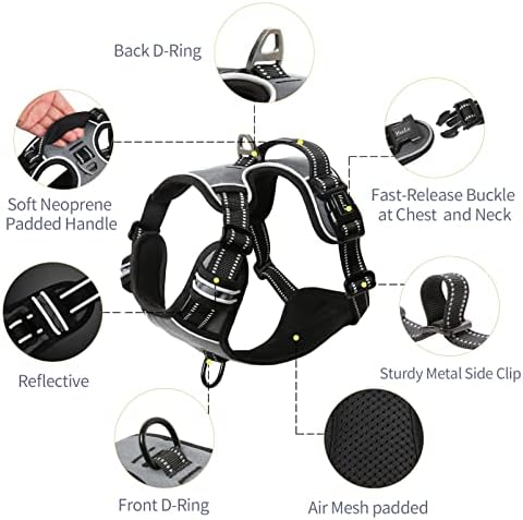 HEELE Dog Harness, No Pull Adjustable Padded Reflective Harness for Small Medium Large Dogs with Handle for Walking Training, Grey, L