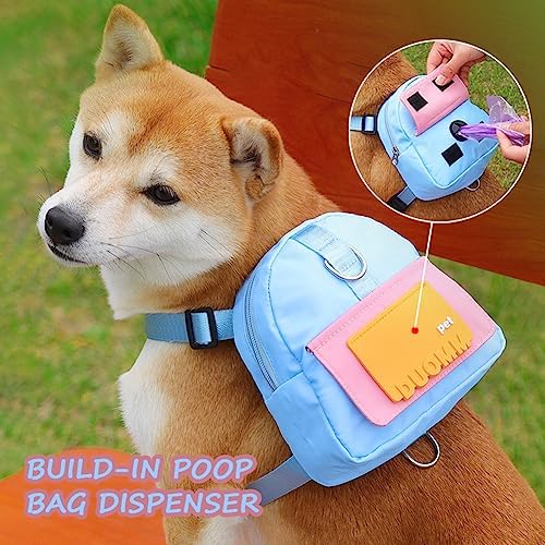 Dog Backpack Harness with Leash,Cute Pet Puppy Backpacks Bulid-in Dog Poop Bag Dispenser,Adjustable Pets Self Carrier Bag for Small Medium Dogs Travel Hiking Daily Walking (M, Blue)