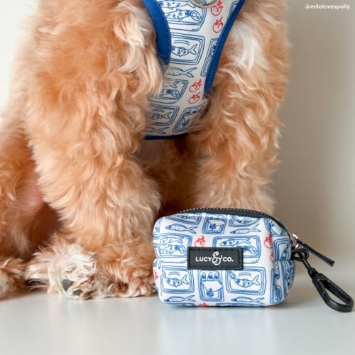 Lucy & Co. Tinned Fish Dog Poop Bag Holder and Dispenser, Clips to Leash, Water-Repellent Neoprene, Includes Refill Roll