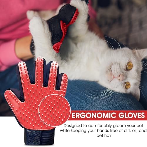 Upgrade Pet Grooming Gloves, Grooming Gloves for Dogs, Cats, Rabbits & Horses with Long and Short Hair, Efficient Pets Hair Remover Mittens - 1 Pair (Red)